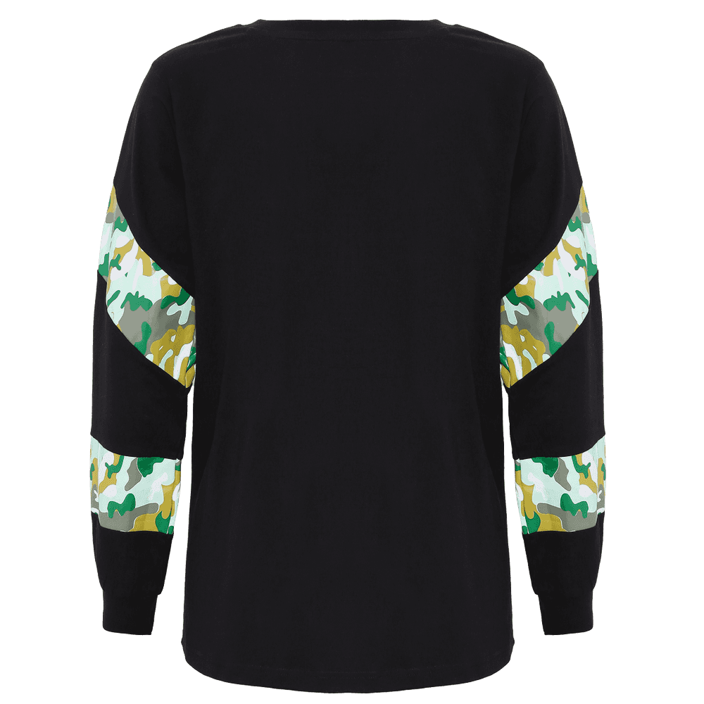 Back side of a black round neck full sleeve T-shirt with elastic on the wrist and with 2 printed strips on each sleeve.