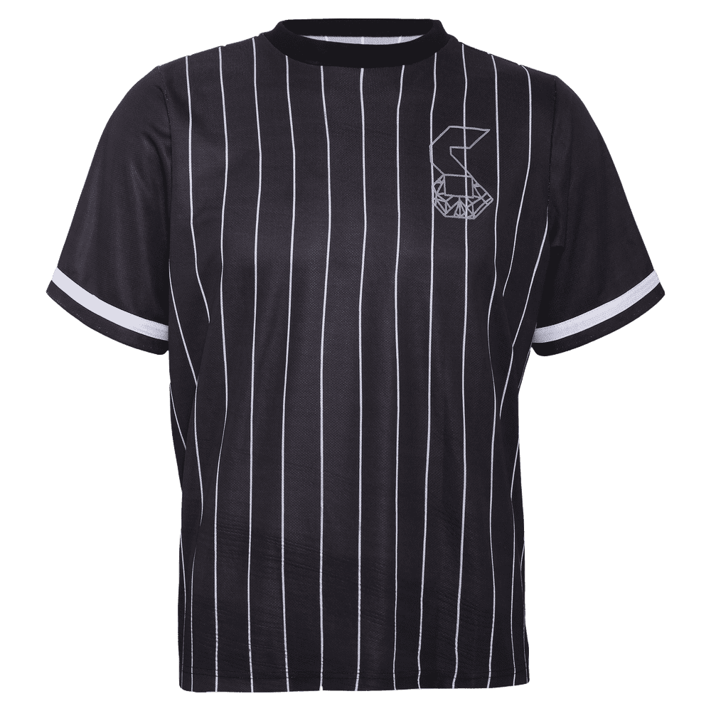 Black stripped round neck short sleeve baseball jersey for women with strey logo on the left.