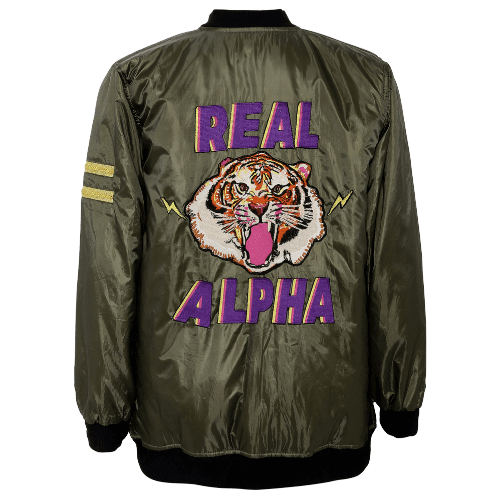 olive green and black jacket with a tiger printed on the back and real alpha printed on it.