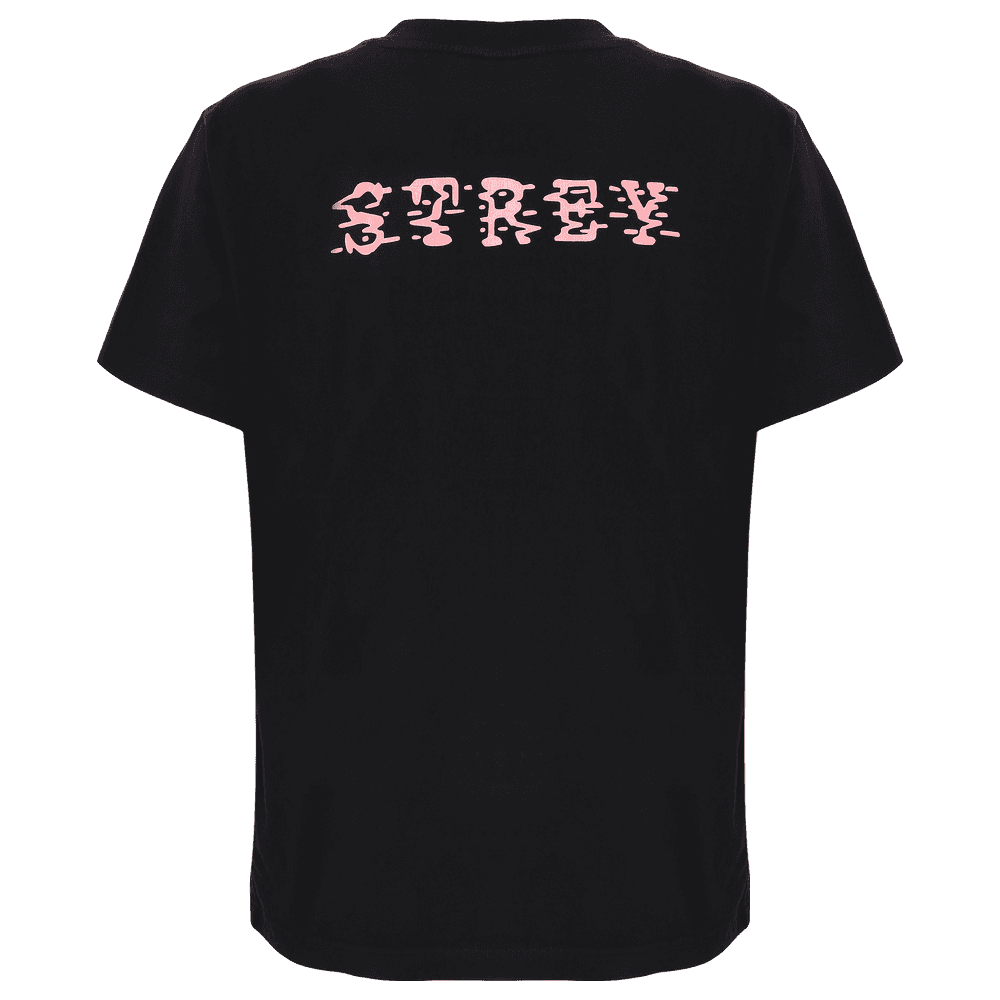 Back side of a black short sleeve round neck T-shirt with STREY written on it.