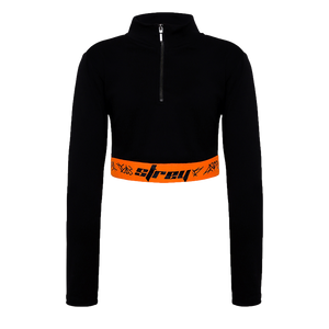 Black orange full sleeves crop top with a zip in the front and orange band at the waist