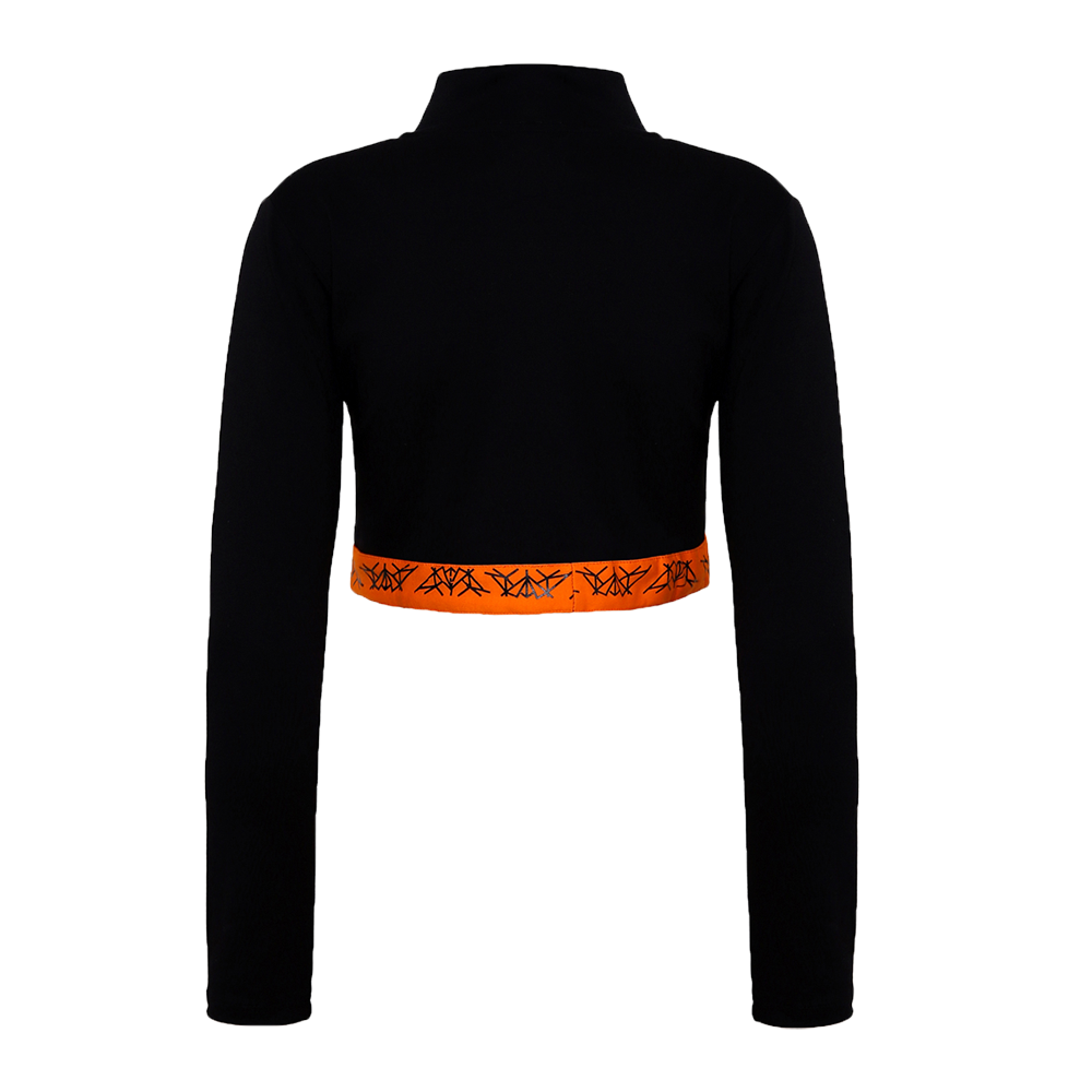 Back side of black orange full sleeves crop top with orange band at the waist