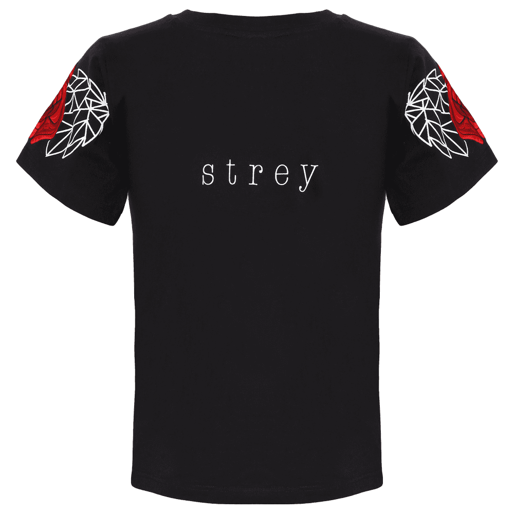 Back side of a black short sleeve round neck T-shirt with STREY written on the back and roses on the sleeves with white geometric design.