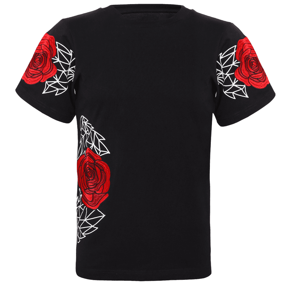 Black short sleeve T-shirt with Geometric designs and roses on the sleeves and right side of the top with a round neckline