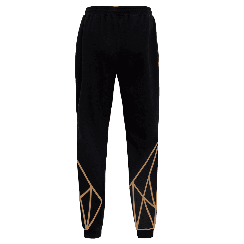 Back side of the Black colored track pant for women featuring an elastic ankle and waist and geometric designs on the lower leg.