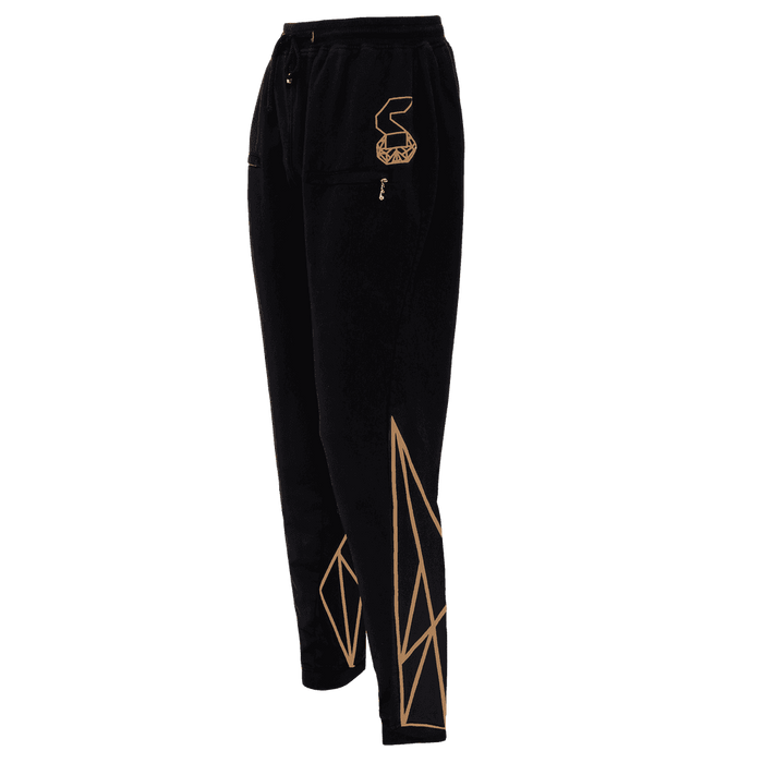 Black colored track pant for women featuring an elastic ankles and waist with adjustable drawstrings and front pockets with the logo right above the left pocket and geometric designs at the back of the track pant on the lower leg.