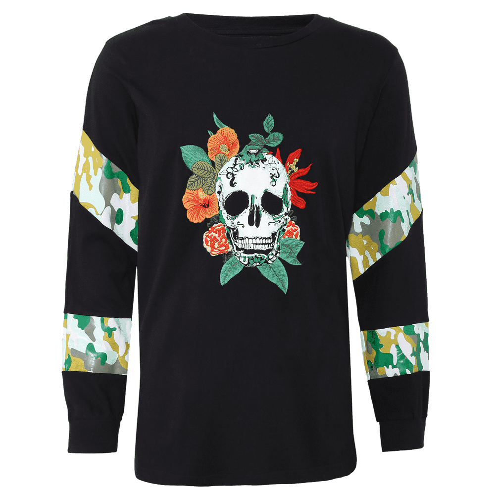 Black round neck full sleeve T-shirt with elastic on the wrist and a Skull design in the center of the T-shirt with 2 printed strips on each sleeve.