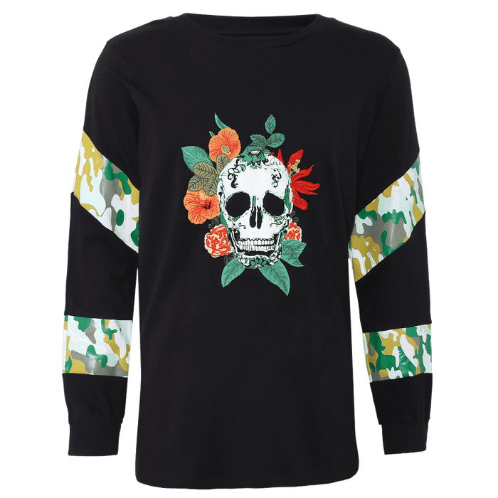 Black round neck full sleeve T-shirt with elastic on the wrist and a Skull design in the center of the T-shirt with 2 printed strips on each sleeve.