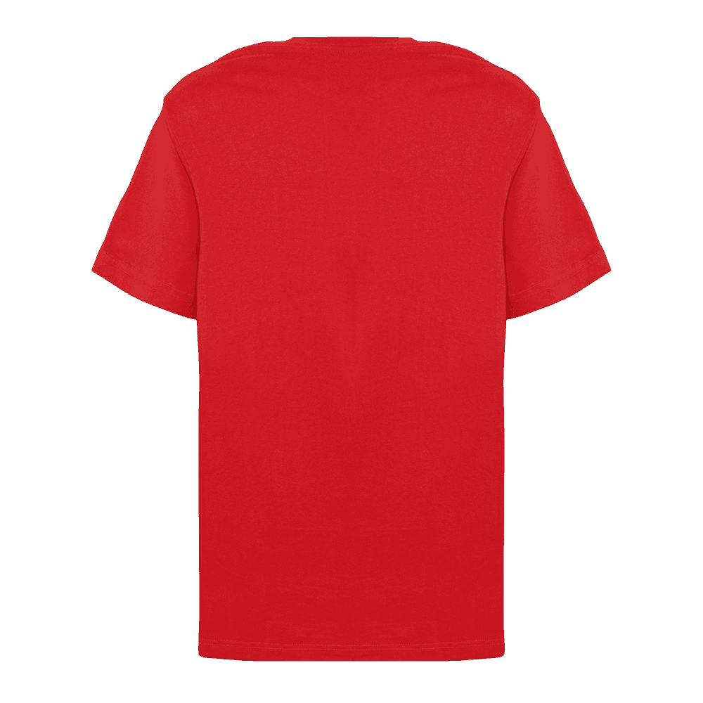 Back side of a red short sleeve round neck T-shirt