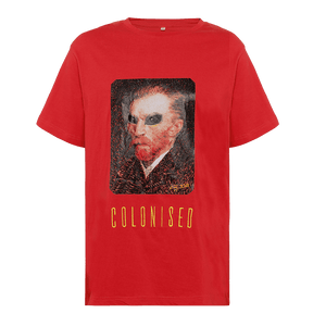 Red short sleeve round neck T-shirt with Colonised  printed under the  image of a man.