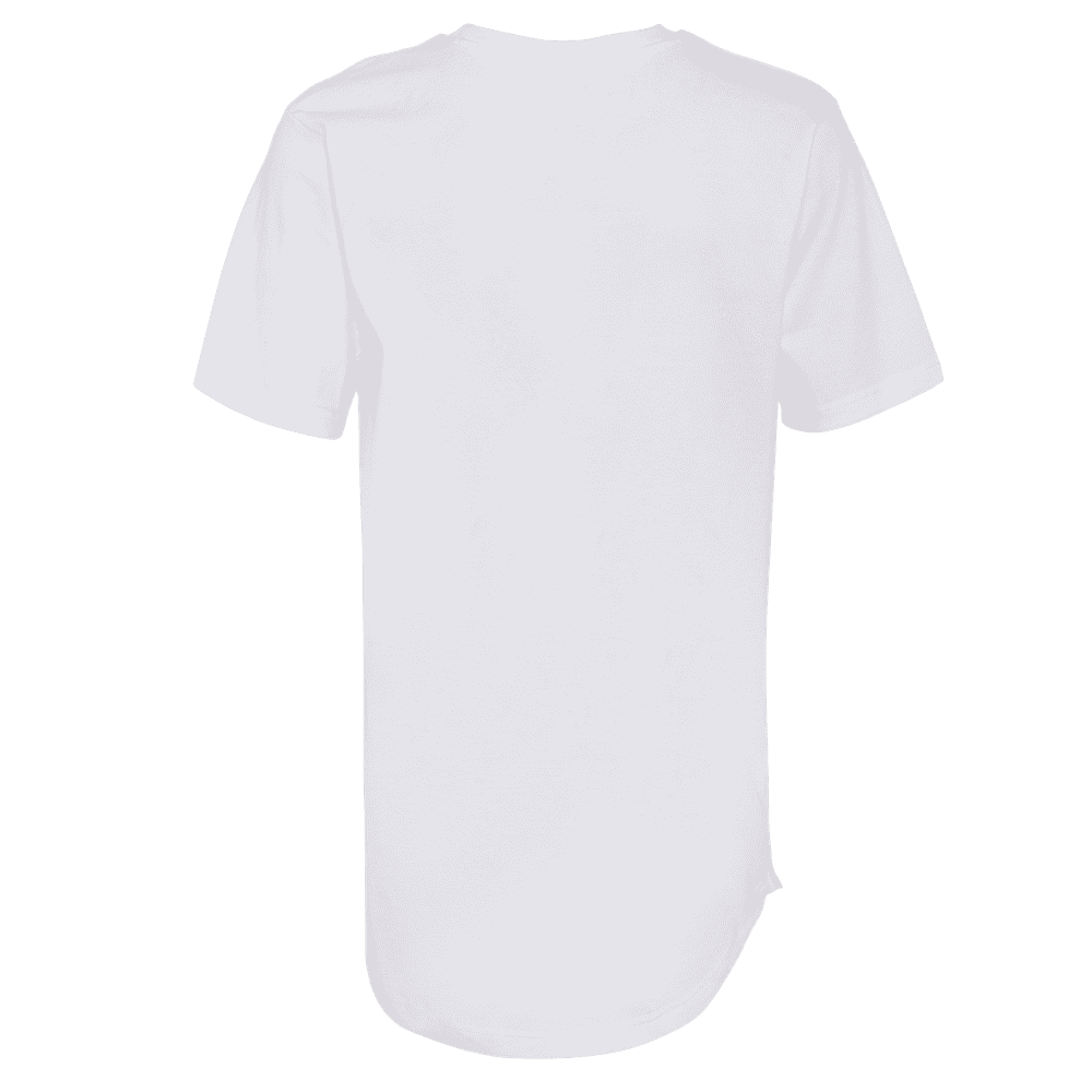 Back side of a white round neck short sleeve elongated T-shirt