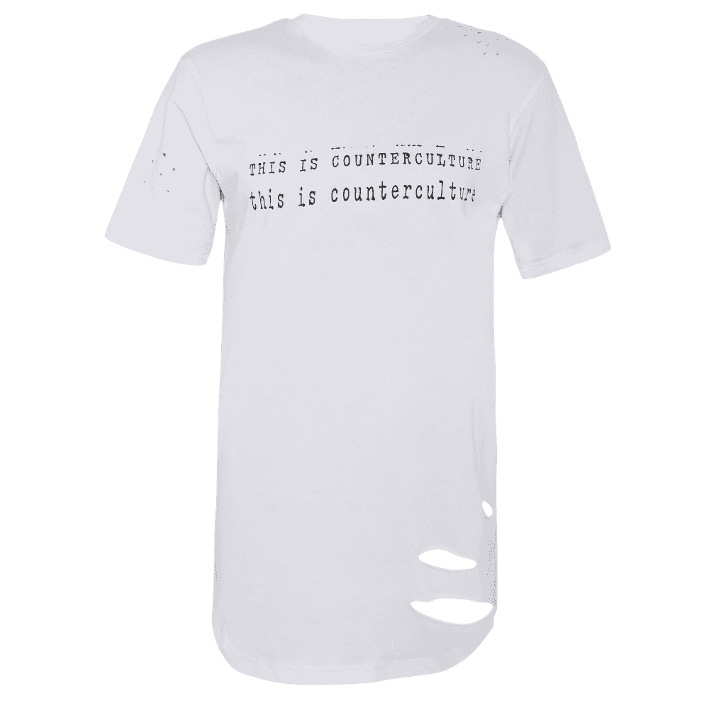 White round neck short sleeve elongated T-shirt with This is counterculture printed on it.  