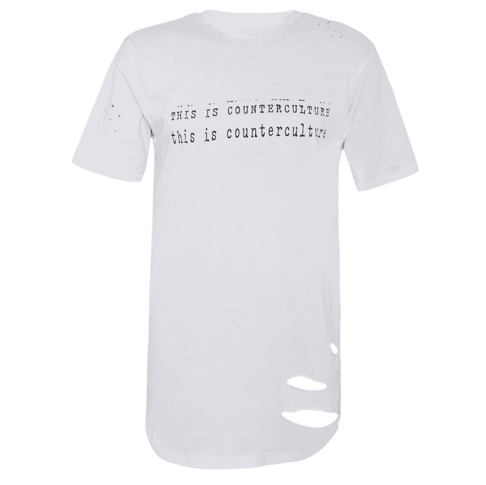 White round neck short sleeve elongated T-shirt with This is counterculture printed on it.  