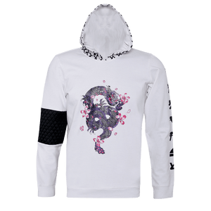 White hoodie with full sleeves and a printed cap with a dancing dragon printed in the front and on the right sleeves there is a black checked patch and on the left there is something written on it.