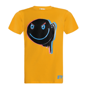 Yellow round neck short sleeve regular fit T-shirt with a dripping smile printed on it.