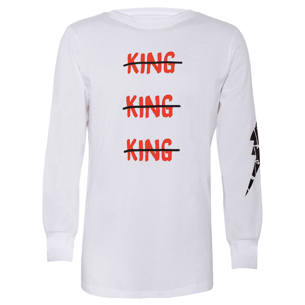 Back side of white round neck full sleeve T-shirt with elastic on the wrist and king written on it.