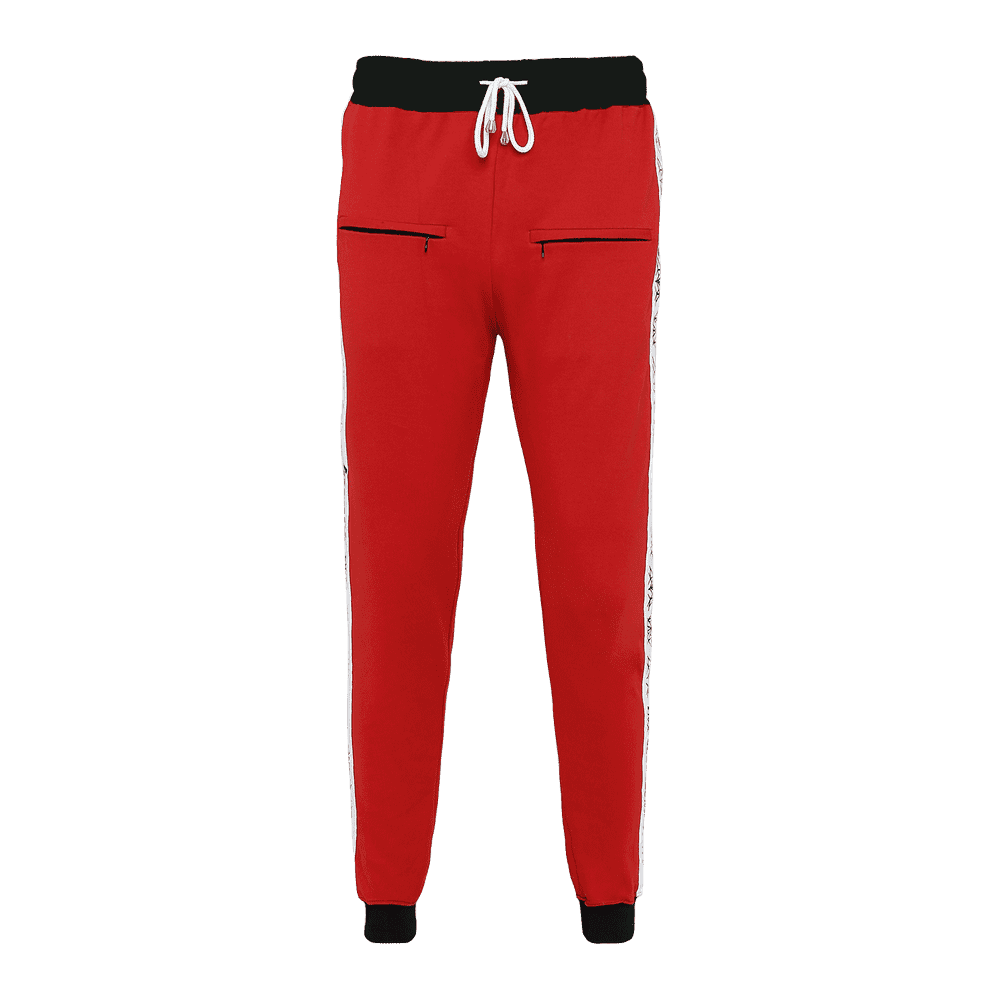 Red track pant featuring an elastic waist with adjustable drawstrings and front pockets with white strips on the side.