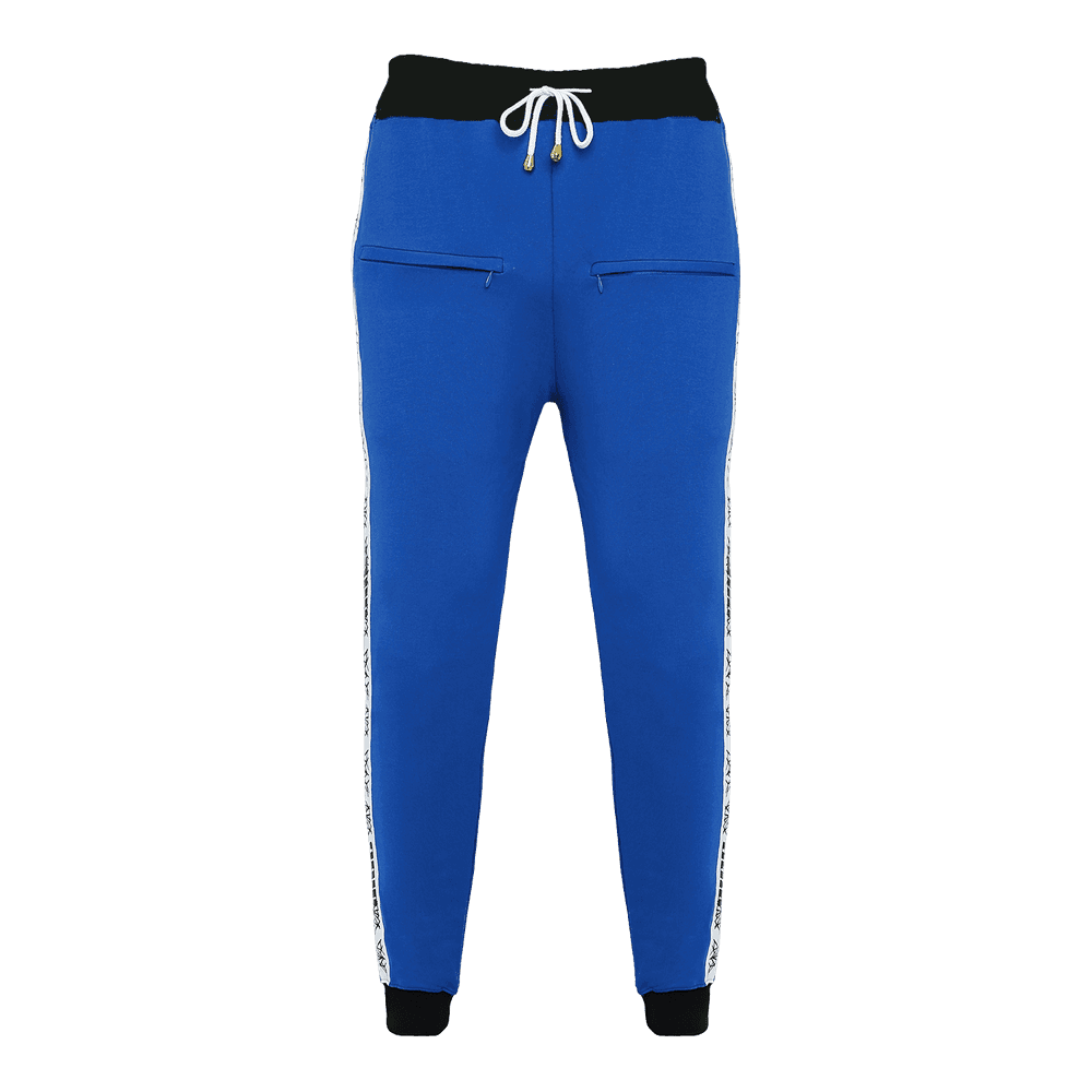 Blue track pant featuring an elastic waist with adjustable drawstrings and front pockets with white strips on the side.