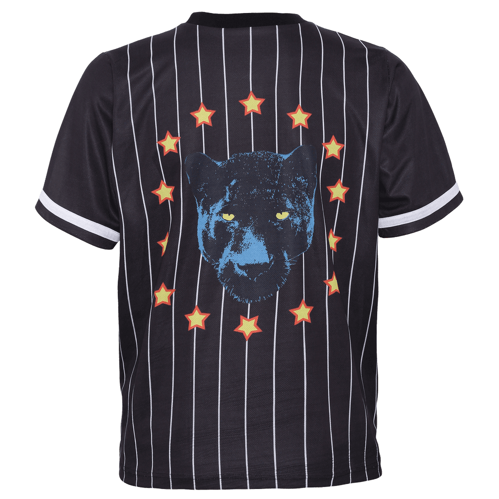 Back side of black stripped short sleeve baseball jersey for women with panther  and stars printed on the back.