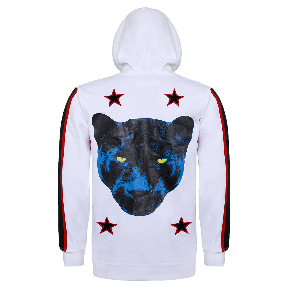 Back side of white full sleeve hoodie with drawstrings in the cap and black and red strips on the sleeves and also a panther printed on the back