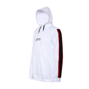 white full sleeve hoodie with drawstrings in the cap and black and red strips on the sleeves