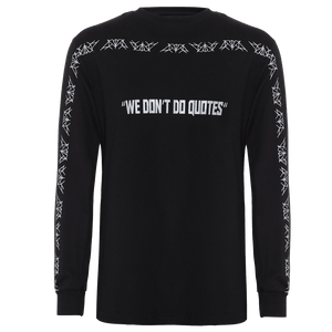 Black round neck full sleeves T-shirt with elastic around the wrist and text printed on the center with some design running around the sleeves and the neckline.