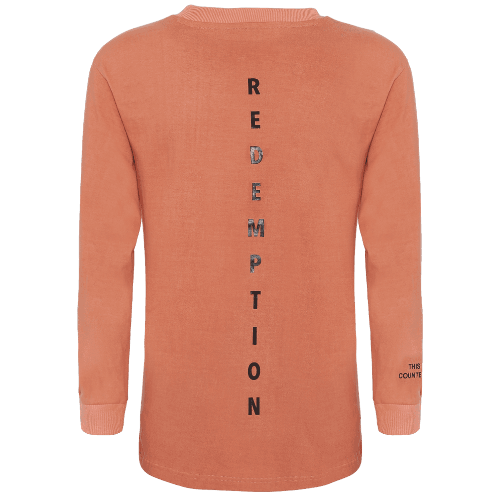 back side of pink full sleeve round neck T-shirt with REDEMPTION written vertically.
