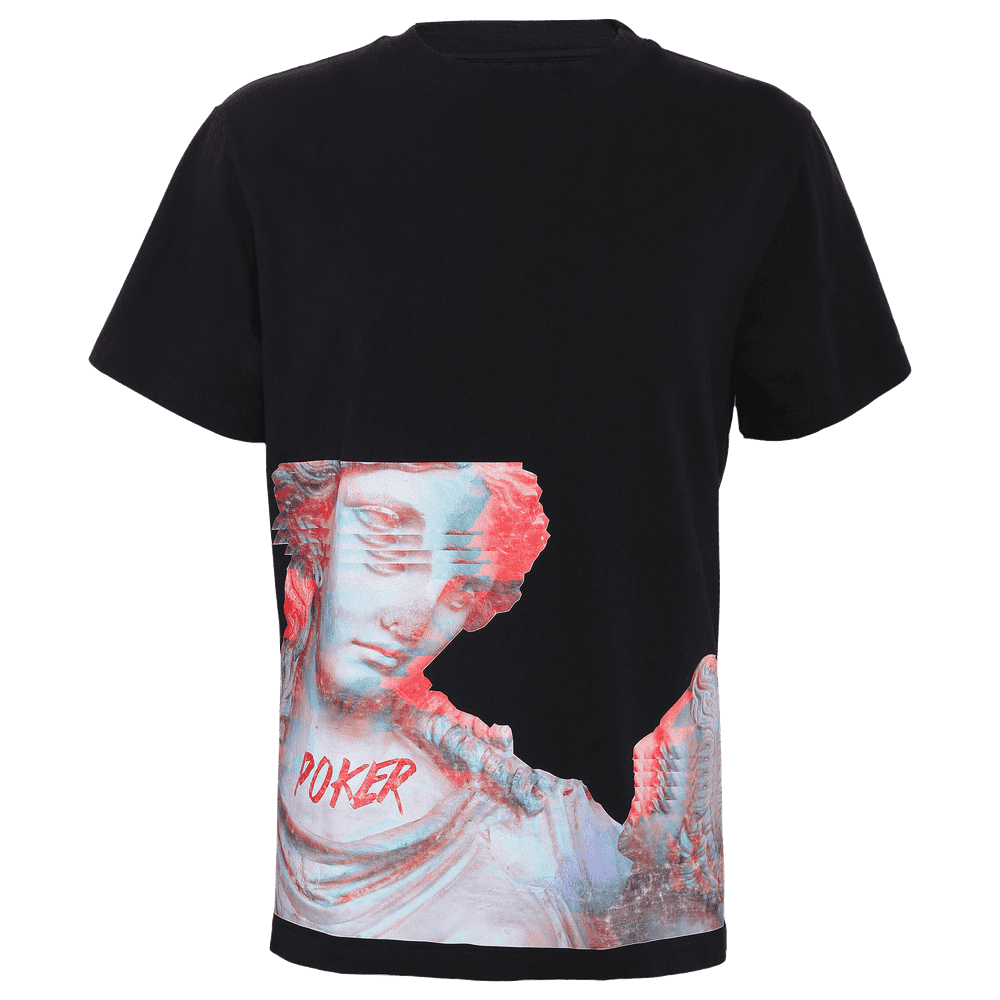 Black round neck regular fit short sleeve T-shirt with some roman idol printed on it with poker written on the same.