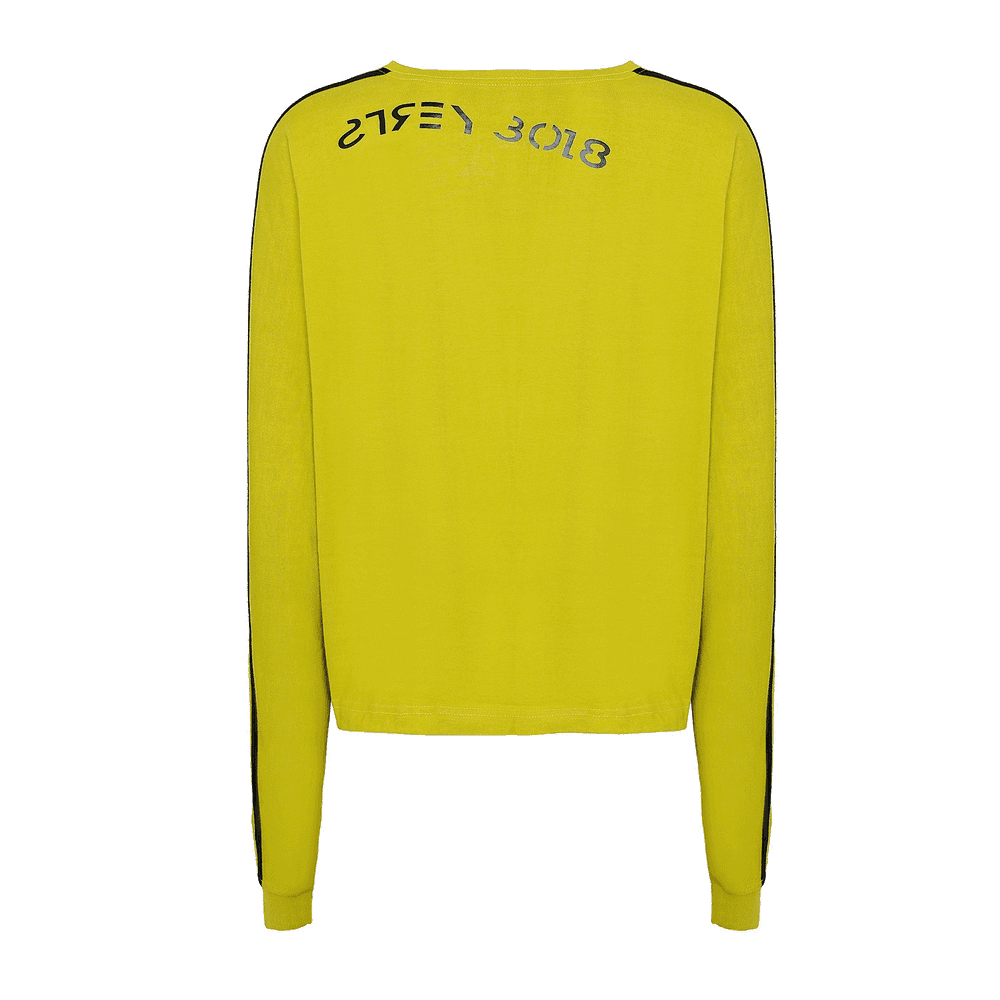 back view of yellow round neck full sleeves T-shirt with white strips on the sleeves and strey 3018 written on it
