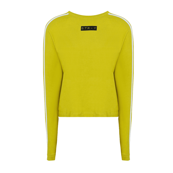 yellow round neck full sleeves T-shirt with white strips on the sleeves and str-y written on it