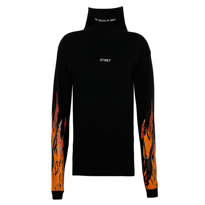 High neck black full sleeves regular fit T-shirt with flames printed on the sleeves.