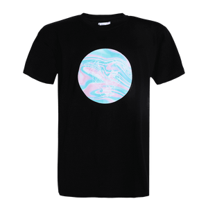 Black short sleeve regular fit round neck T-shirt with Strey dog printed on it inside a circle.