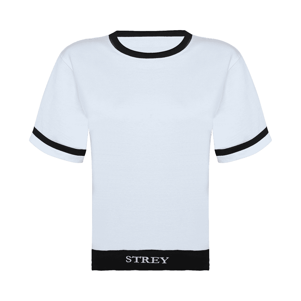 black and white round neck short sleeve regular fit T-shirt with black bands on neck sleeves and bottom of the T-shirt.