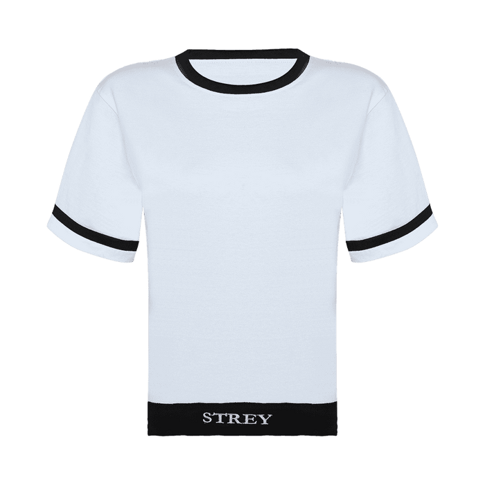 black and white round neck short sleeve regular fit T-shirt with black bands on neck sleeves and bottom of the T-shirt.
