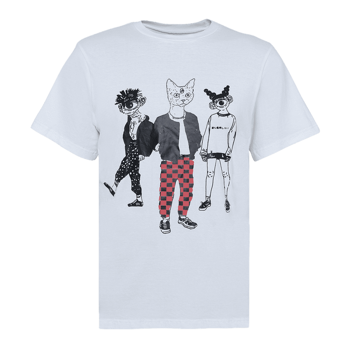 white round neck short sleeve regular fit T-shirt with 3 cartoons printed on it.
