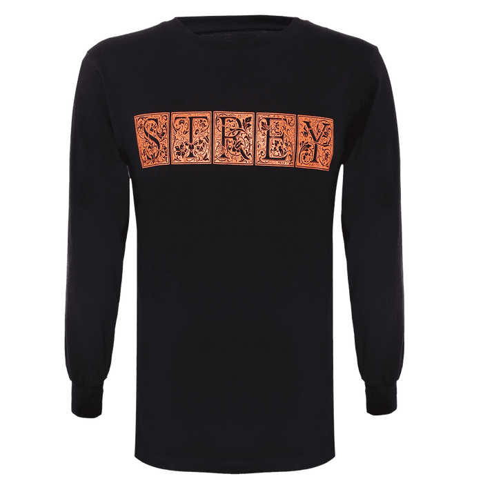 black round neck full sleeve regular fit T-shirt with elastic bands on neck sleeves and bottom of the T-shirt and strey written in the center.