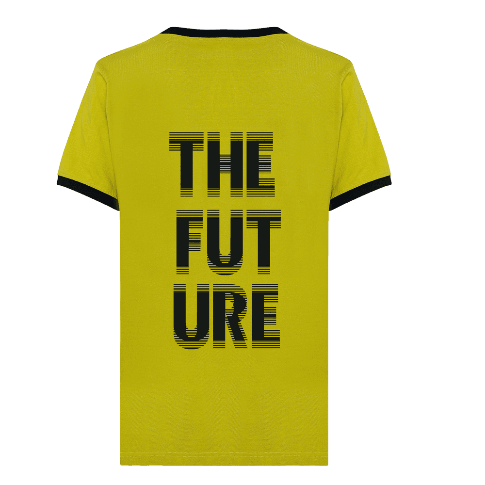 back side of yellow and black round neck short sleeve regular fit T-shirt with distorted the future printed on it