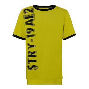 Yellow and black round neck short sleeves regular fit T-shirt with distorted STRY-19AE2 printed on it 