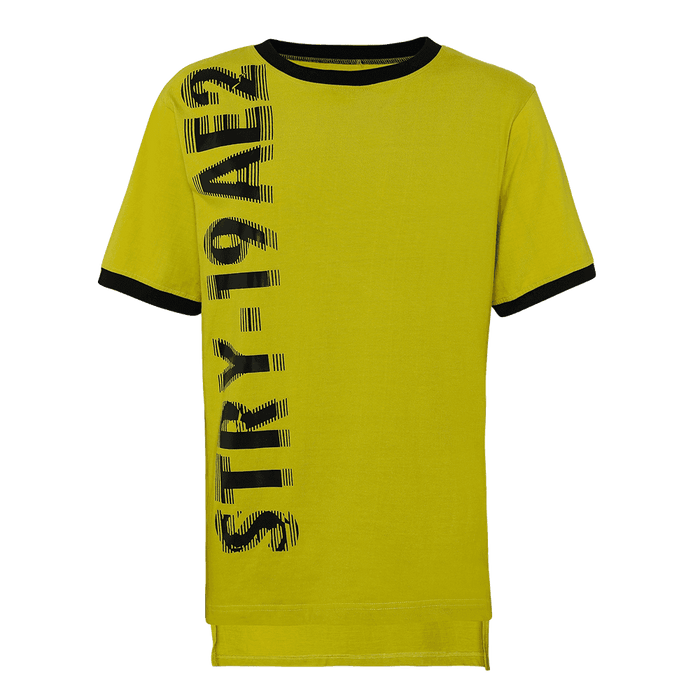 Yellow and black round neck short sleeves regular fit T-shirt with distorted STRY-19AE2 printed on it 