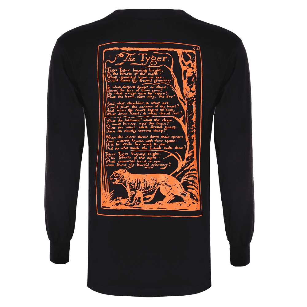 Back side of black round neck Full sleeve regular fit T-shirt with elastic bands on neck sleeves and bottom of the T-shirt with some text about the tyger is printed on it.