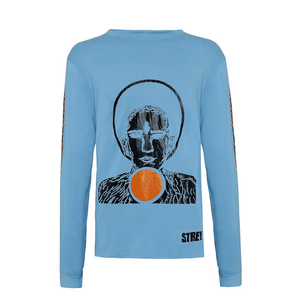 Blue high neck full sleeve regular fit T-shirt with a man with three eyes printed on it