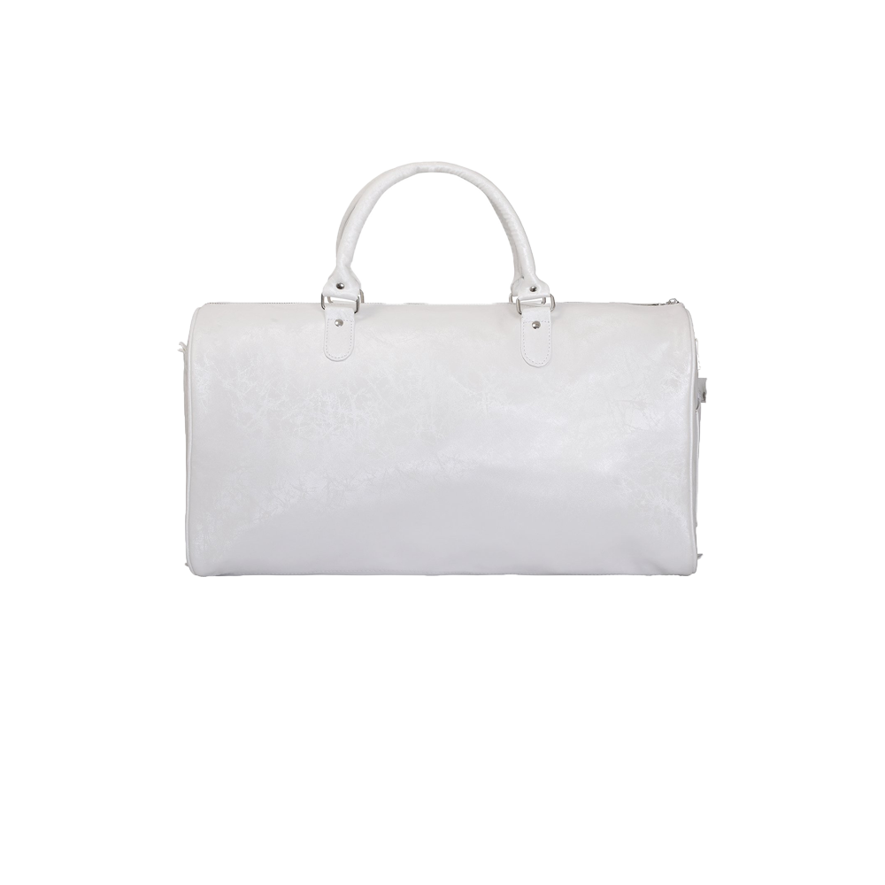 Back view of a White duffle bag with handles and a sling has strey dog printed on the front with chain on the top