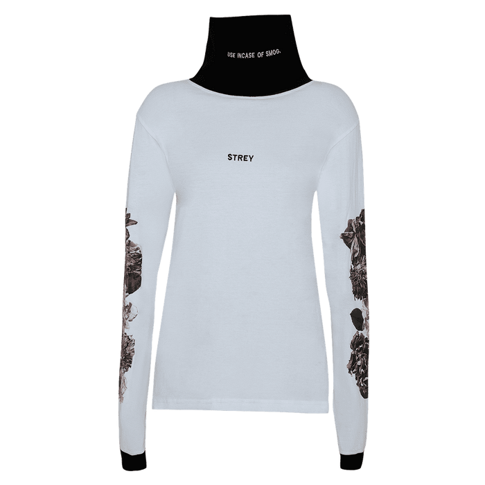 High neck white and black full sleeves regular fit T-shirt with flowers printed on the sleeves.