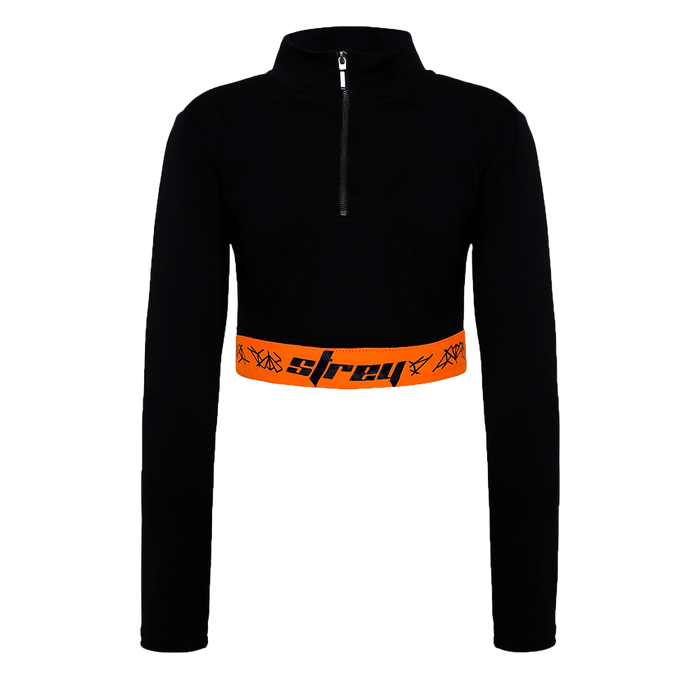 Black orange full sleeves crop top with a zip in the front and orange band at the waist
