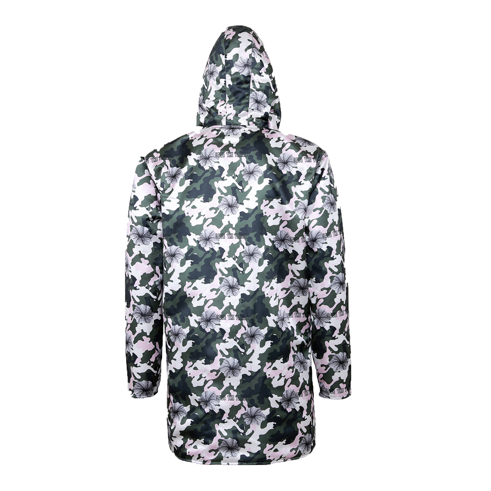Back side of printed green and white unisex hoodie with strey written on the sleeves 